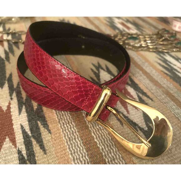 Vintage Araldi Real Reptile Red Leather Belt Gold Buckle Made in Italy Size 75 - Picture 3 of 5